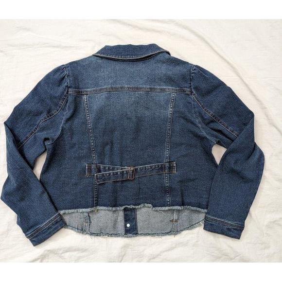 ALL WORTHY Denim Jean Jacket Button-up Puffed Raw hem Sz L - Picture 7 of 7